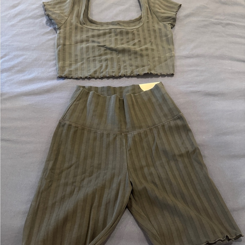 NWT Aerie Ribbed Crop Top & Biker Shorts Set | Washed Black | Medium